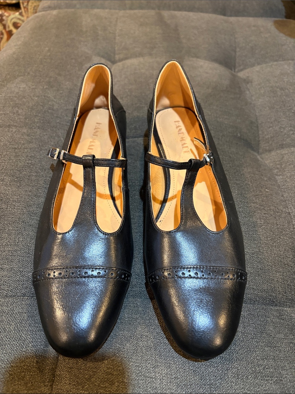 New Handmade Black Leather T-Strap Women's Flats Size 38